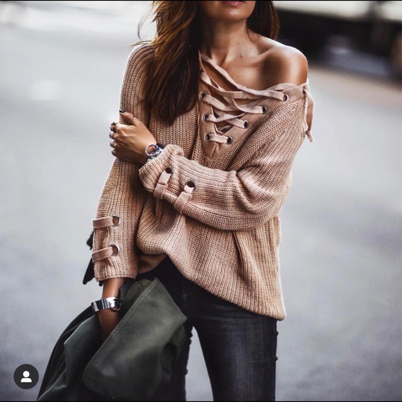 Chicwish Lace-up Mood Sweater in Camel, S/M - Picture 7 of 8